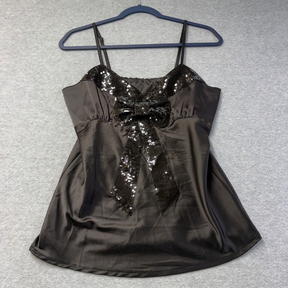 Charlotte Russe Black Satin Sequin Bow Camisole Top Adjustable Straps Large